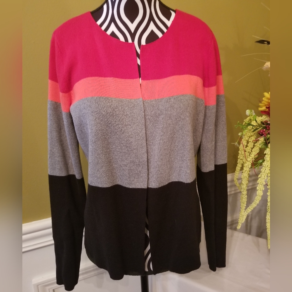 Liz Claiborne Knit Multicolor Crew Neck Open Front Cardigan